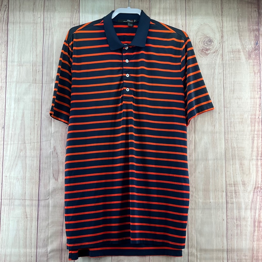 RLX Ralph Lauren Men's UV Navy Orange Striped Golf Polo Shirt Size Large